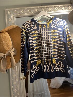 J. McLaughlin Navy and Gold Rope-Chain Print Top